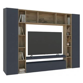 Dmora Pared Equipada Ddragon, Conjunto De Sal&oacute;n Mueble Tv Con 3 Puertas, Mueble De Sal&oacute;n Polivalente, 100% Made In Italy, Cm 270x35h210, Antracita Y Roble -