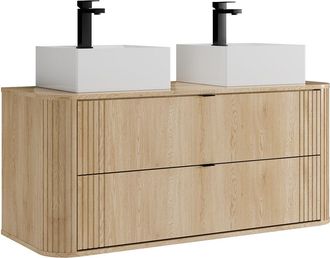Vente-Unique Mueble de ba&ntilde;o suspendido con doble lavabo cuadrado sobre encimera y grifo - Roble natural claro - An. 120 cm - FILOR