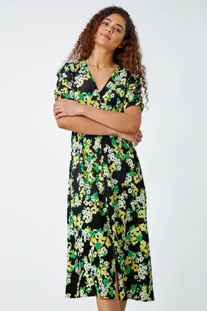 Roman Ditsy Floral Ruched Sleeve Midi Dress
