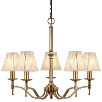 Loops Avery Ceiling Pendant Chandelier Light 5 Lamp Antique Brass & Beige Pleat Shade in Metallics