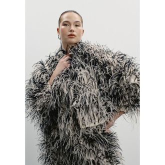 11 Honor&eacute; Ostrich Feather Cropped Jacket in Cream And Black at Nordstrom, Size 28
