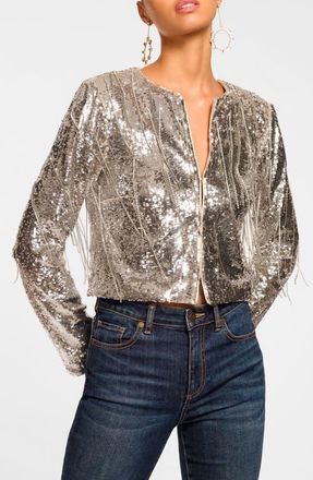 Ramy Brook Sapphire Sequin Fringe Crop Jacket in Platinum Sequin Fringe at Nordstrom, Size X-Small