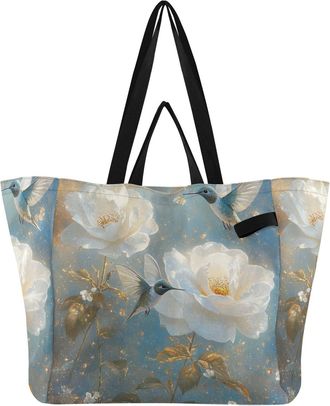 Generic Bird Flowers White print Reusable Canvas Tote Bag, Heavy Duty Grocery Shopping Bag with Double Handles Large Capacity Hard Bottom Work Groceries Trave