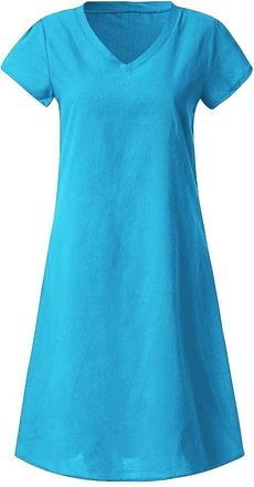 Generic Ladies Dresses Summer Dresses for Women UK Casual V Neck Midi Dress Linen Short Sleeve A-line Sundress Ladies Tunic Boho Beach Solid Maxi Dress