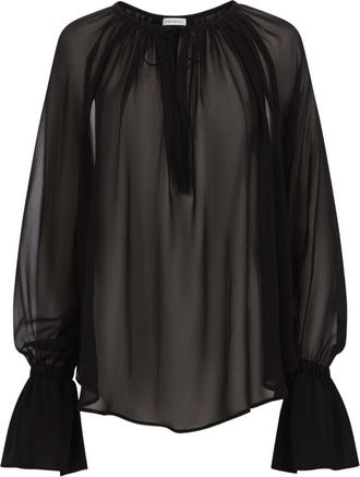 Nina Ricci Sheer Black Blouse with Voluminous Sleeves and Tie Detail