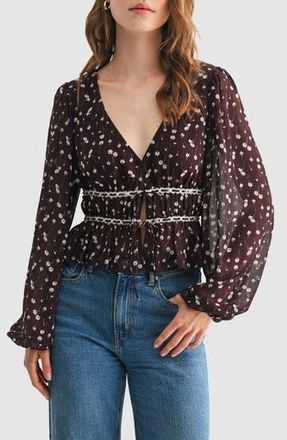 All in Favor Lace Inset Tie Front Top in Burgundy Cream Daisy at Nordstrom Rack, Size Large