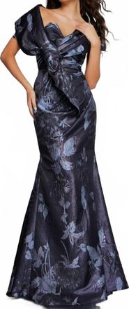 Jovani Elegant Floral Gown With Asymmetrical Detailing In Grey Multi