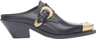 Versace 2019 black leather gold Medusa toe western buckle Cuban mule EU37