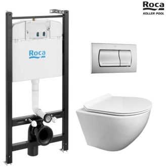 Roca Bastidor Roca Active Pack Cisterna Empotrada Y Pulsador Cromo Mate Con Inodoro Suspendido Round De Kp Blanco Tapa Fina