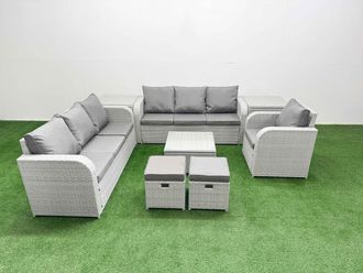Fimous 9 Seater Poly Rattan Outdoor Garden Furniture Square Coffee Table Sofa Set Patio 3 Seater Sofa Reclining Chair 3 Seater Sofa Stools 2 Side