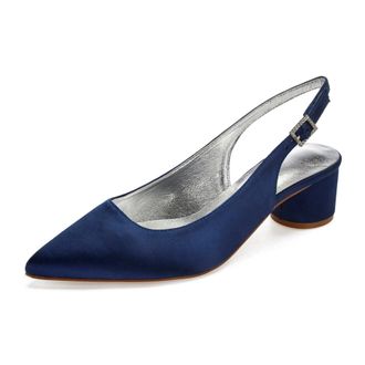 Generic Wedding Bridal Shoes Women Chunky Block Satin Low Heels Pointed Toe Slingback Evening Party Prom Office Shoes 4.5Cm,Dark Blue,5 UK