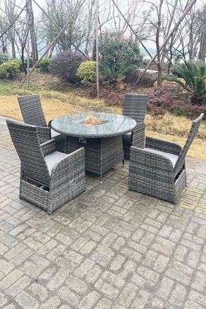 Fimous Rattan Gas Fire Pit Round Table Gas Heater Adjustable Chair Set Dining Table & Chair Set 4 Seat in Dark Grey