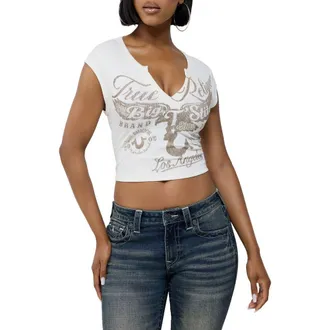 True Religion Heritage Graphic Rib Knit Crop Top in Winter White at Nordstrom, Size Xx-Large
