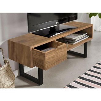 HOGAR 24 Hogar24 - Mesa television, Mueble tv salon diseño Industrial-Vintage, cajon y Estante, Madera Maciza Natural, Patas Negras