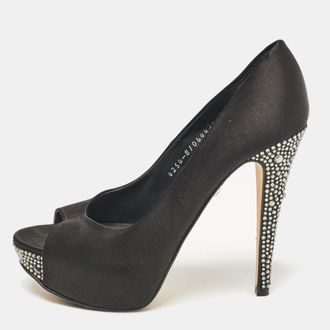 Gina Black Satin Crystal Embellished Peep Toe Pumps