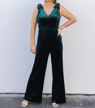 Entro Standing Out Velvet V-Neck Jumpsuit In Emerald