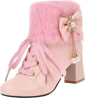 Generic Ankle Boots For Women Pointed Toe Chunky Heel Pearl Bow Boots Ladies Elegant with Lace-Up Zipper Casual Shoes Fashion Lightweight Autumn Winter size 7