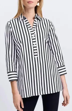 Foxcroft Pamela Stripe Cotton Blend Tunic Shirt In Grey White
