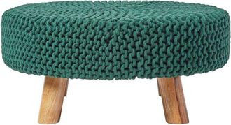 Homescapes Forest Green Large Round Cotton Knitted Footstool on Legs - Homescapes