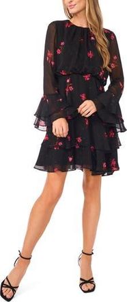 CeCe by Cynthia Steffe Floral Ruffle Long Sleeve Chiffon Dress in Rich Black at Nordstrom Rack, Size X-Large