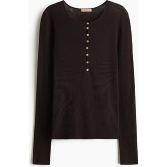 H&M Ribbed Henley Top in Dark Brown at Nordstrom, Size X-Small