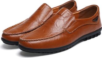 Generic Mens Loafers Genuine Leather Stitching Details Breathable Comfortable Resistant Flat Heel Fashion Wedding Slip On(Red Brown,10.5 UK)