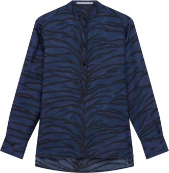 Stella McCartney Navy Tiger Print Zijden Blouse - Dames - Overhemden - Blauw - M - Overhemden
