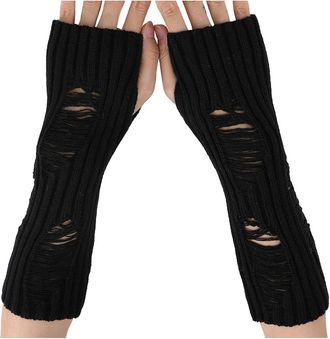 Generic Womens Knit Ripped Gloves Lengthen Wrist Hollow Fingerless Gloves Winter Outdoor Warm Gloves (Ripped Black)