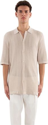 Eleventy Textured katoenen gebreid shirt - Heren - Korte mouwen Overhemden - Beige - 2XL - Katoen - Overhemden