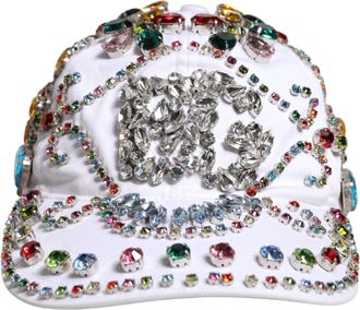 Dolce & Gabbana Mens White Multicolor Crystal Embellish Baseball Cap Cotton Elastane Accessory