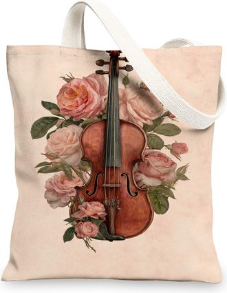 Generic Floral Canvas Tote Bags, Violin Rose Design Reusable Grocery Bags, Elegant Lightweight Washable Shoulder Strap Canvas Bags, Peach, 13x15 Inch