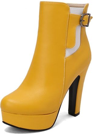 Generic Womens Ankle Boots Metal Buckle Strap Platform Sole Stiletto Heel Side Zip Round Toe Smooth PU Upper Color Block Detail Stylish Durable Design,Yellow,