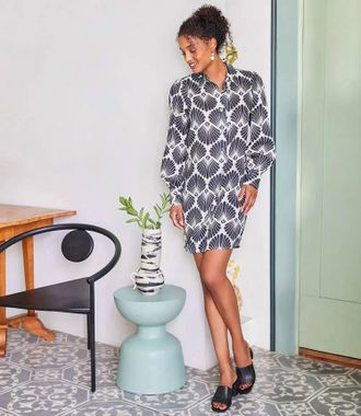 Karen Kane Bryce Blouson Sleeve Linen Mini Shirtdress In Black Print On Cream