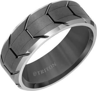 Triton 8MM Tungsten Carbide Ring with Gunmetal Tire Tread Center and Bevel Edge in Metallic Silver at Nordstrom, Size 11.5