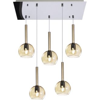 Top-Light Sospensione Contemp. Rosone Rett. Future Metallo Cromo Vetro Ambra 5 Luci E27
