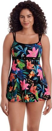 Longitude Empire Princess Seam Long Torso Swim Dress in Midnight Black Plumeria at Nordstrom, Size 22