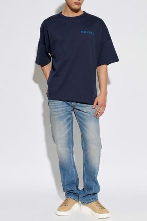 Alexander McQueen T-shirt With Printed Logo, Mens, Navy Blue