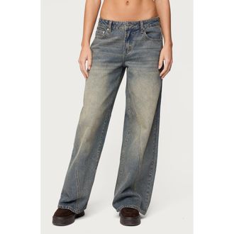 Edikted Washed Low Rise Baggy Wide Leg Jeans in Blue-Vintage-Washed at Nordstrom, Size X-Small