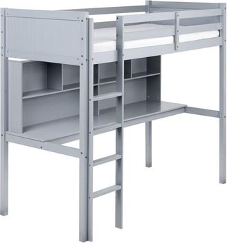 Beliani High Sleeper Bed with Desk Pine Wood FOUCAMONT 90 x 200 cm (EU Single) Grey