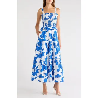 Sugarlips Lindsy Smocked Sleeveless Maxi Dress in White-Blue-Black at Nordstrom, Size X-Large