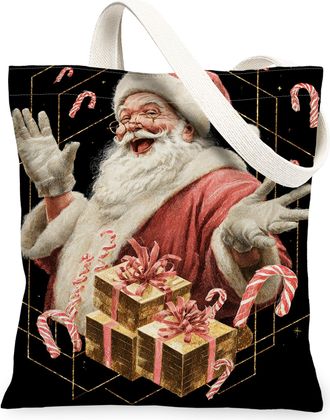 Generic Christmas Santa Canvas Tote Bags, Holiday Gift Pattern Reusable Bags, Vintage Lightweight Washable Shoulder Strap Canvas Fo, Black, 13x15 Inch