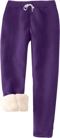 Generic Womens Fleeced Lined Joggers Sherpa Fluffy Winter Thermal Trousers Plain Warm Sweatpants Thickened Gym Lounge Pants Tracksuit Bottoms Drawstring Joggi