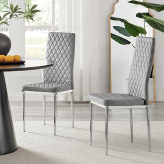 Furniturebox Set of 4 Milan High Back Soft Touch Diamond Pattern Velvet Dining Chairs With Silver Chrome Metal Legs in Grey