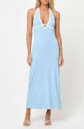 L*Space Shea Contrast Binding Halter Rib Maxi Cover-Up Dress in Sky Blue /Cream at Nordstrom, Size X-Large