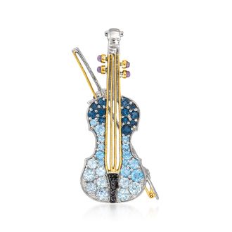 Ross-Simons Multi-Gemstone Violin Pin/Pendant in Sterling Silver and 18kt Gold Over Sterling