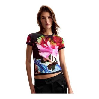 Desigual T-Shirts, female, Multicolor, Size: XS Floral Pattern Short Sleeve Cotton T-Shirt with Round Neck