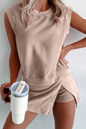 Azura Exchange Womens Sleeveless Top Shorts Set - Tan Cotton - Size X-Large