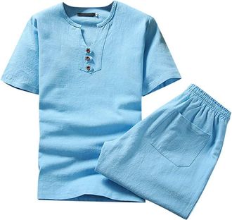 Generic Mens Linen Shirts and Five Quarter Pants Set 2 Piece Solid Color Casual Outfit Summer Comfortable Crew Neck Short Sleeve Three Buttons Shirt Top and E