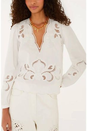Farm Rio Richilieur Long Sleeve Blouse In Off White