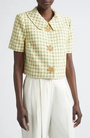 Oscar De La Renta Short Sleeve Tweed Jacket in Butter Multi at Nordstrom, Size 10